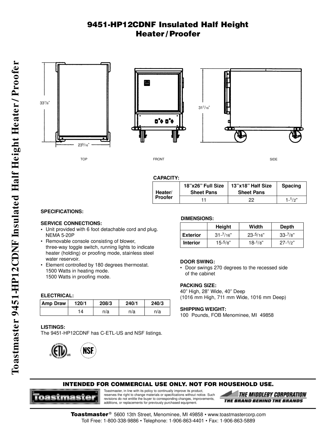 Toastmaster manual Insulated Half Height Heater / Proofer, Toastmaster 9451-HP12CDNF 