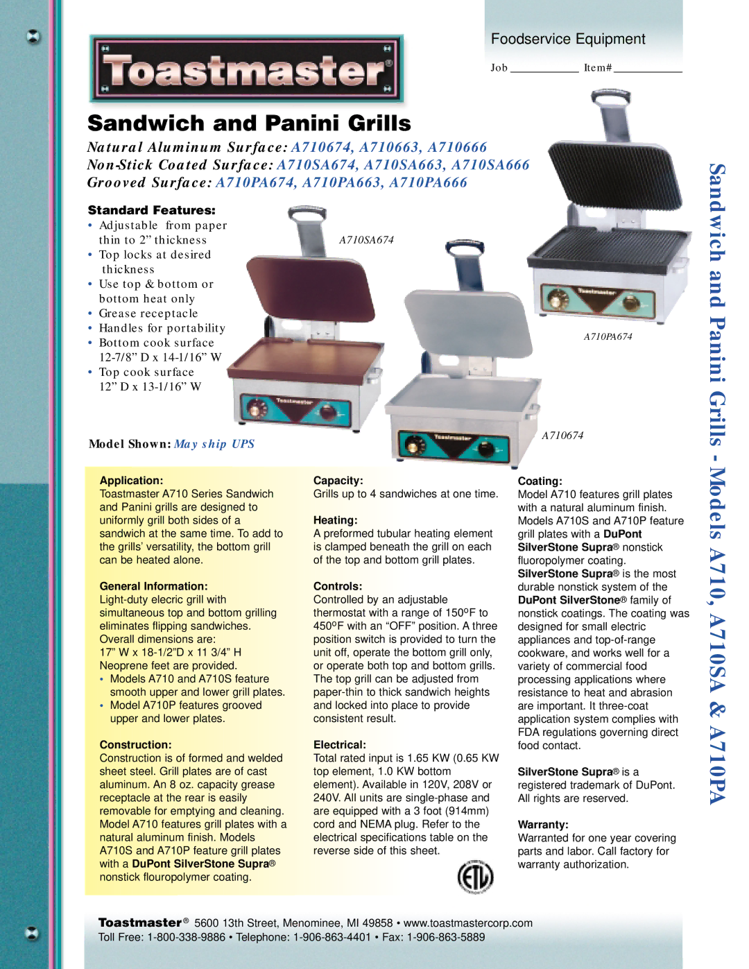 Toastmaster A710SA, A710PA dimensions Sandwich and Panini Grills 