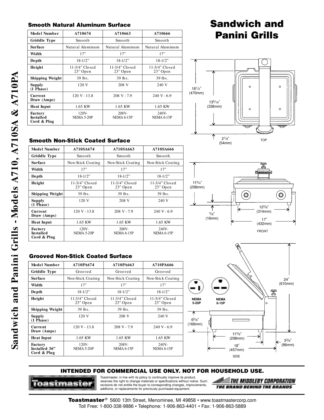 Toastmaster A710PA, A710SA Sandwich, Panini Grills, Smooth Natural Aluminum Surface, Smooth Non-Stick Coated Surface 