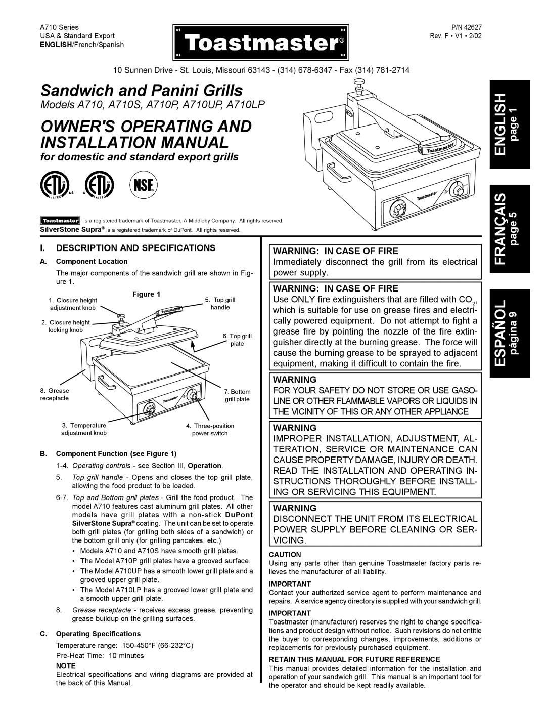 Toastmaster A710UP, A710LP, A710S, A710P manual  ,            