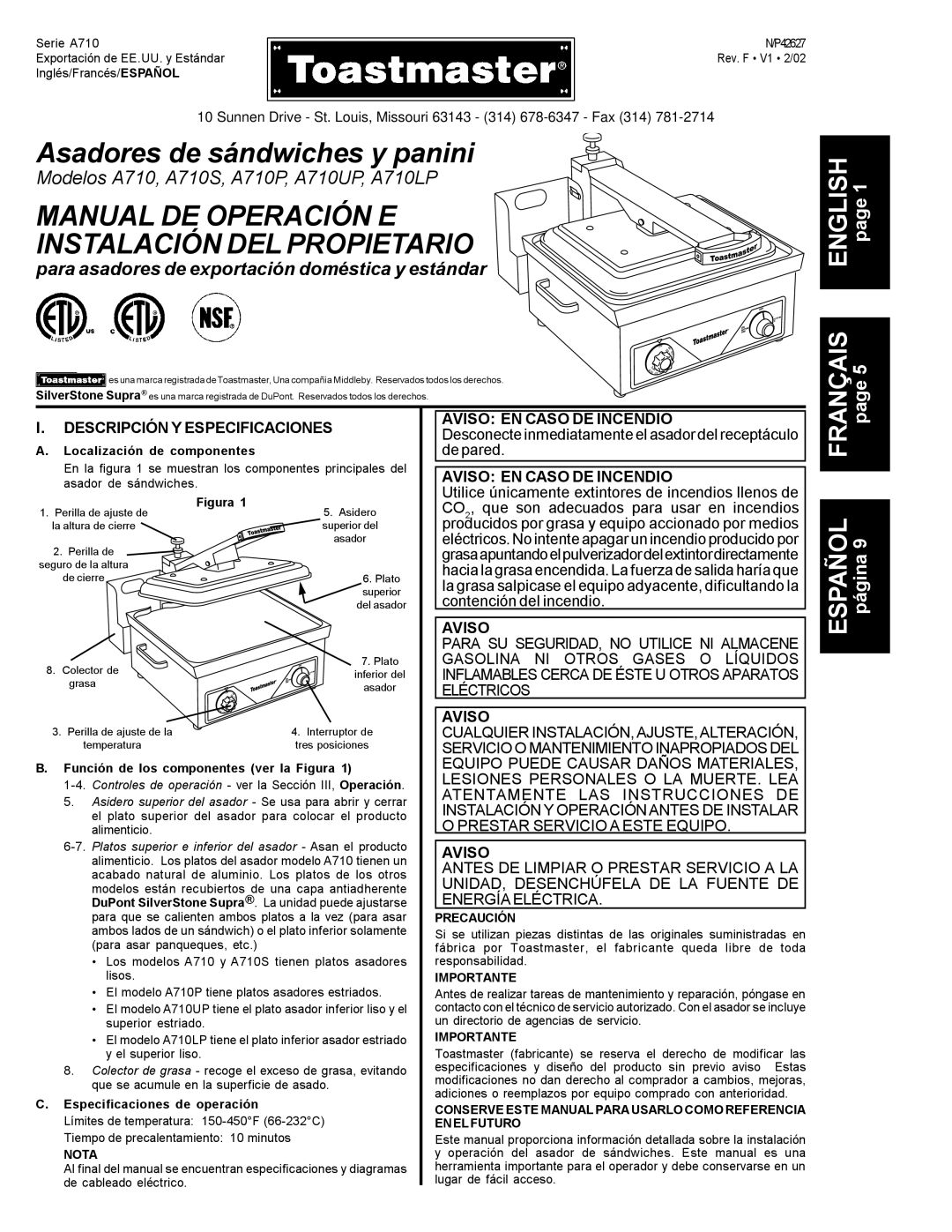 Toastmaster A710P, A710LP, A710UP, A710S manual   ,  