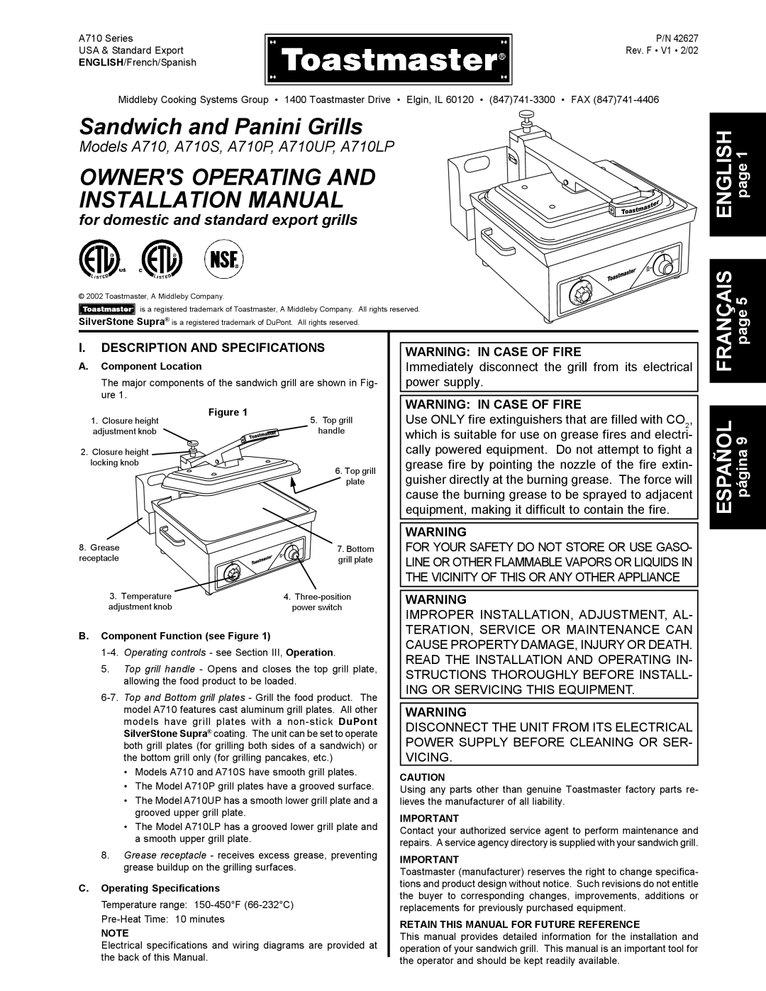 Toastmaster A710UP installation manual Owners Operating Installation Manual, For domestic and standard export grills 