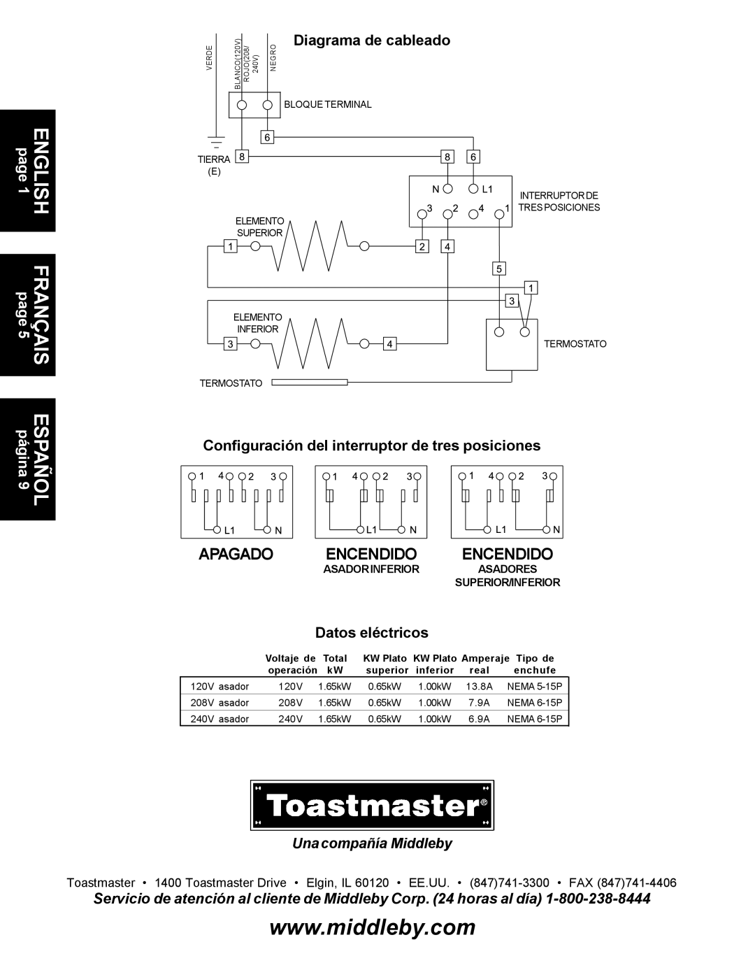 Toastmaster A710LP, A710UP Diagrama de cableado, Configuración del interruptor de tres posiciones, Datos eléctricos 