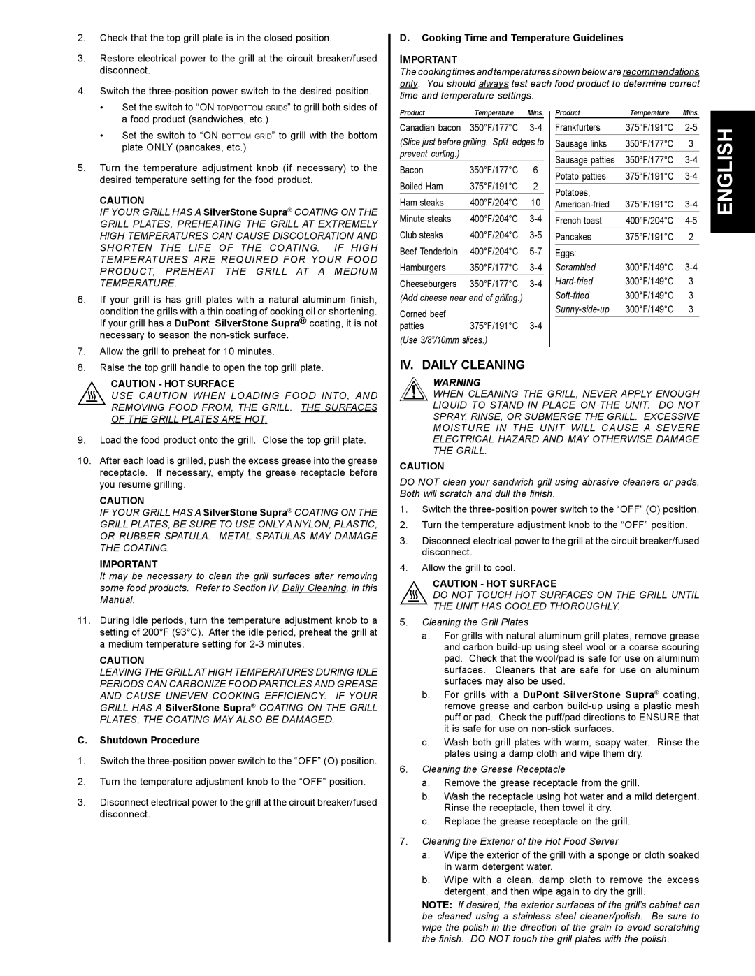 Toastmaster A710S, A710LP, A710UP English, IV. Daily Cleaning, Cooking Time and Temperature Guidelines, Shutdown Procedure 