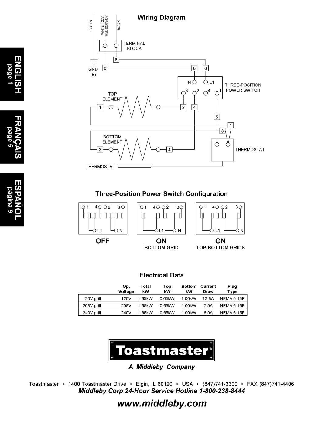 Toastmaster A710P, A710LP, A710UP, A710S Wiring Diagram, Three-Position Power Switch Configuration, Electrical Data 