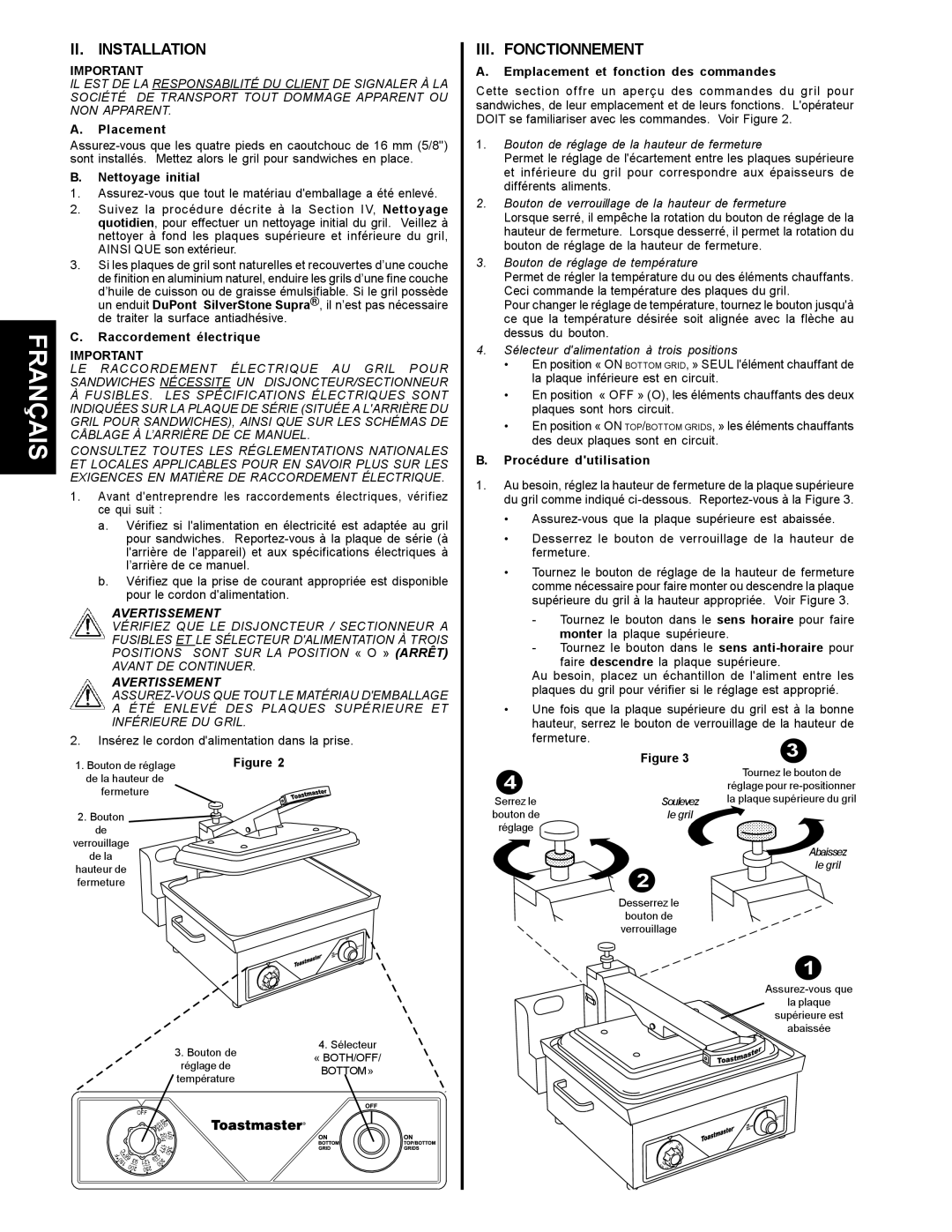 Toastmaster A710UP, A710LP, A710S, A710P installation manual II. Installation, III. Fonctionnement 