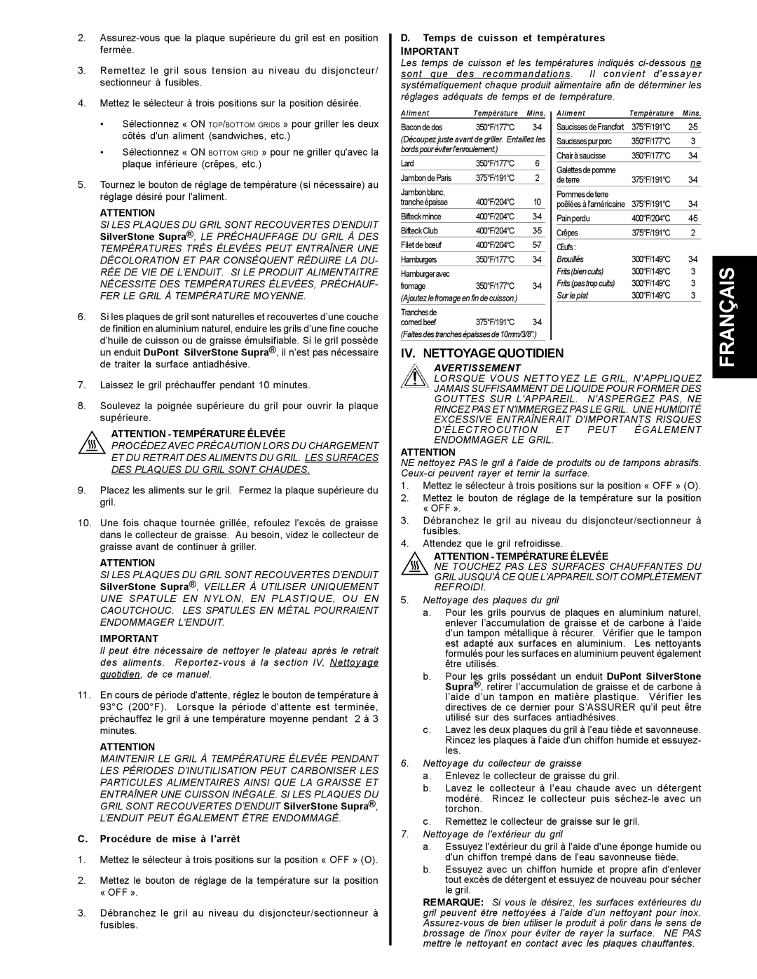 Toastmaster A710LP Français, IV. Nettoyage Quotidien, Temps de cuisson et températures, Procédure de mise à larrêt 