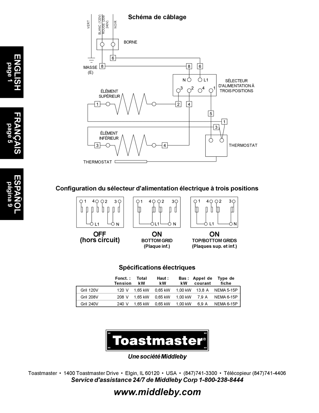 Toastmaster A710S, A710LP, A710UP Schéma de câblage, Spécifications électriques, Service dassistance 24/7 de Middleby Corp 