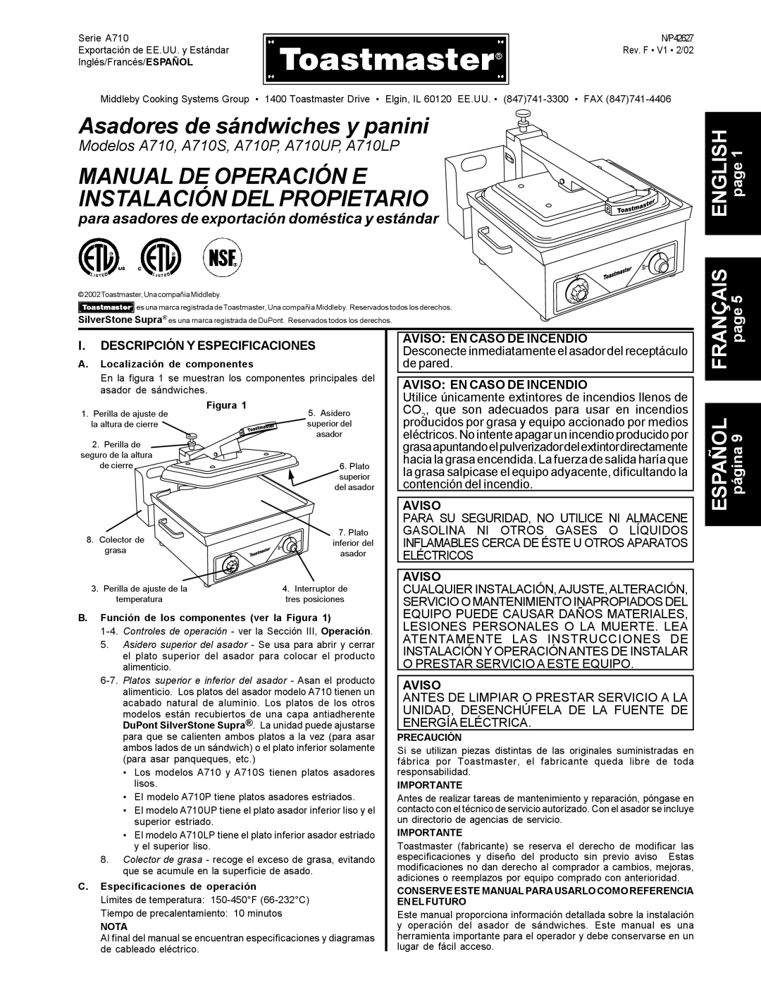 Toastmaster A710P Manual DE Operación E Instalación DEL Propietario, Para asadores de exportación doméstica y estándar 