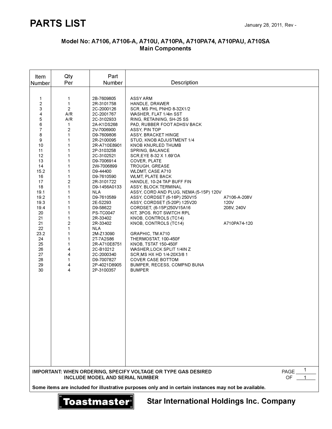 Toastmaster A710PA74, A710SA, A710PAU, A710U, A7106-A manual Parts List 