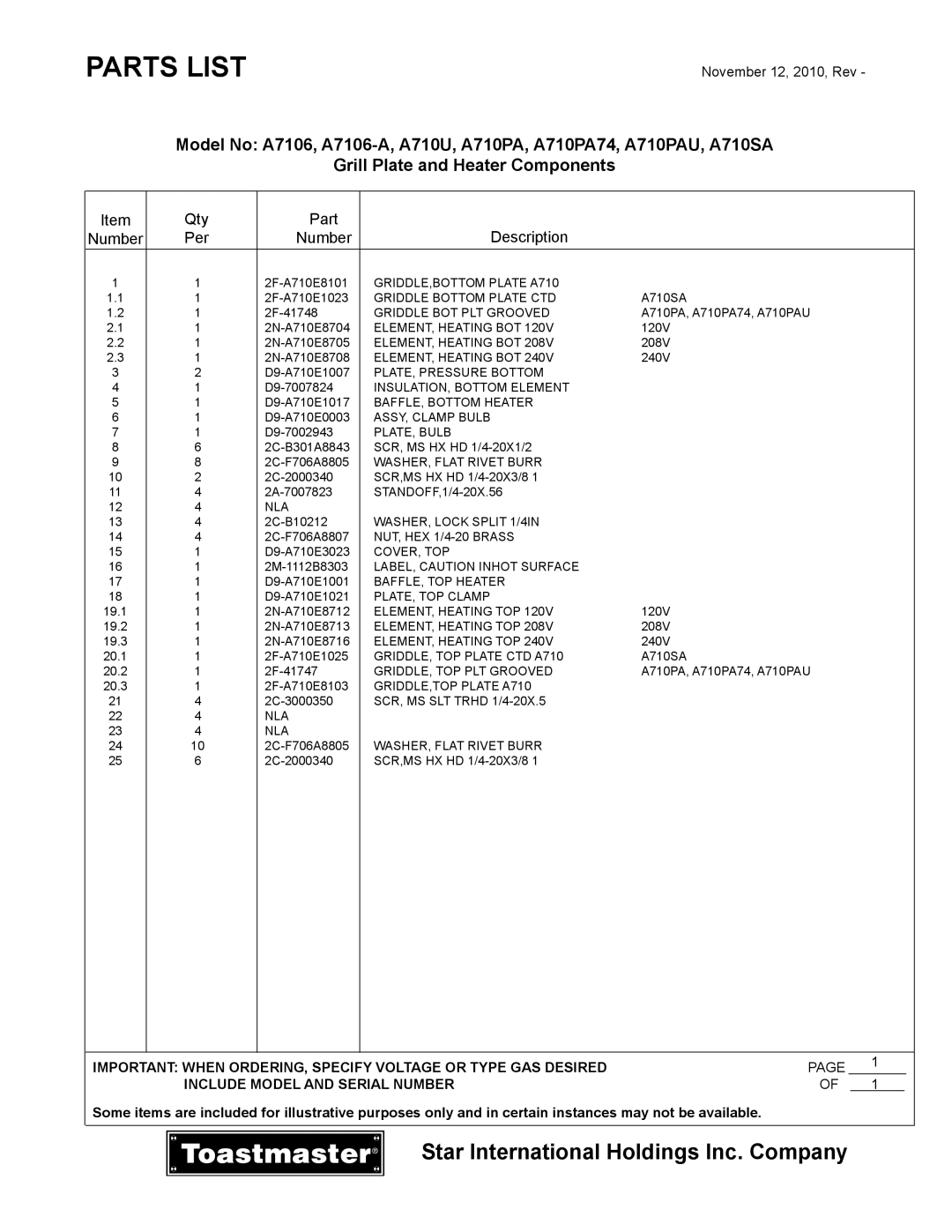 Toastmaster A710U, A710SA, A710PAU, A710PA74, A7106-A manual November 12, 2010, Rev 