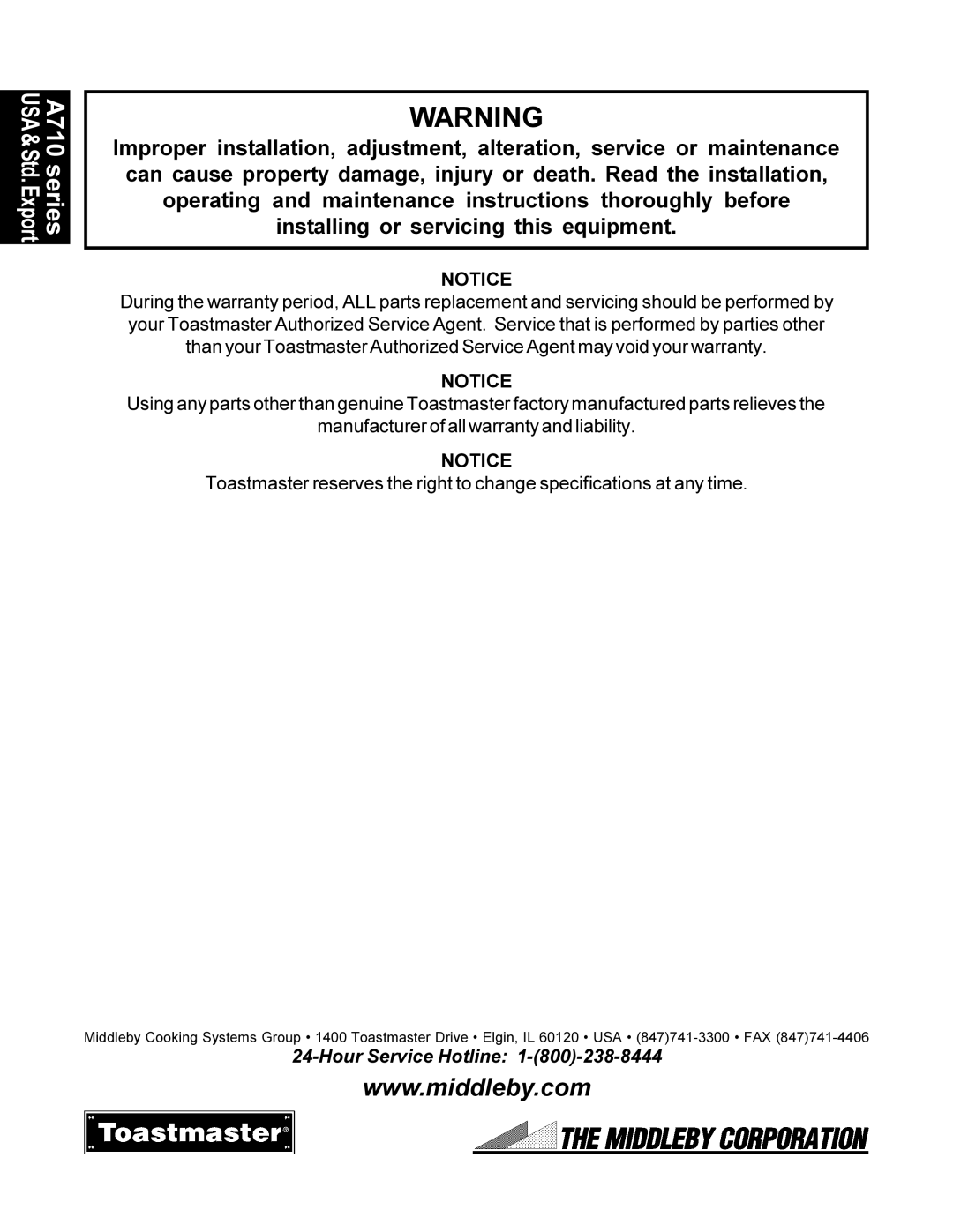 Toastmaster A7106-A, A710SA, A710PAU, A710PA74, A710U manual 