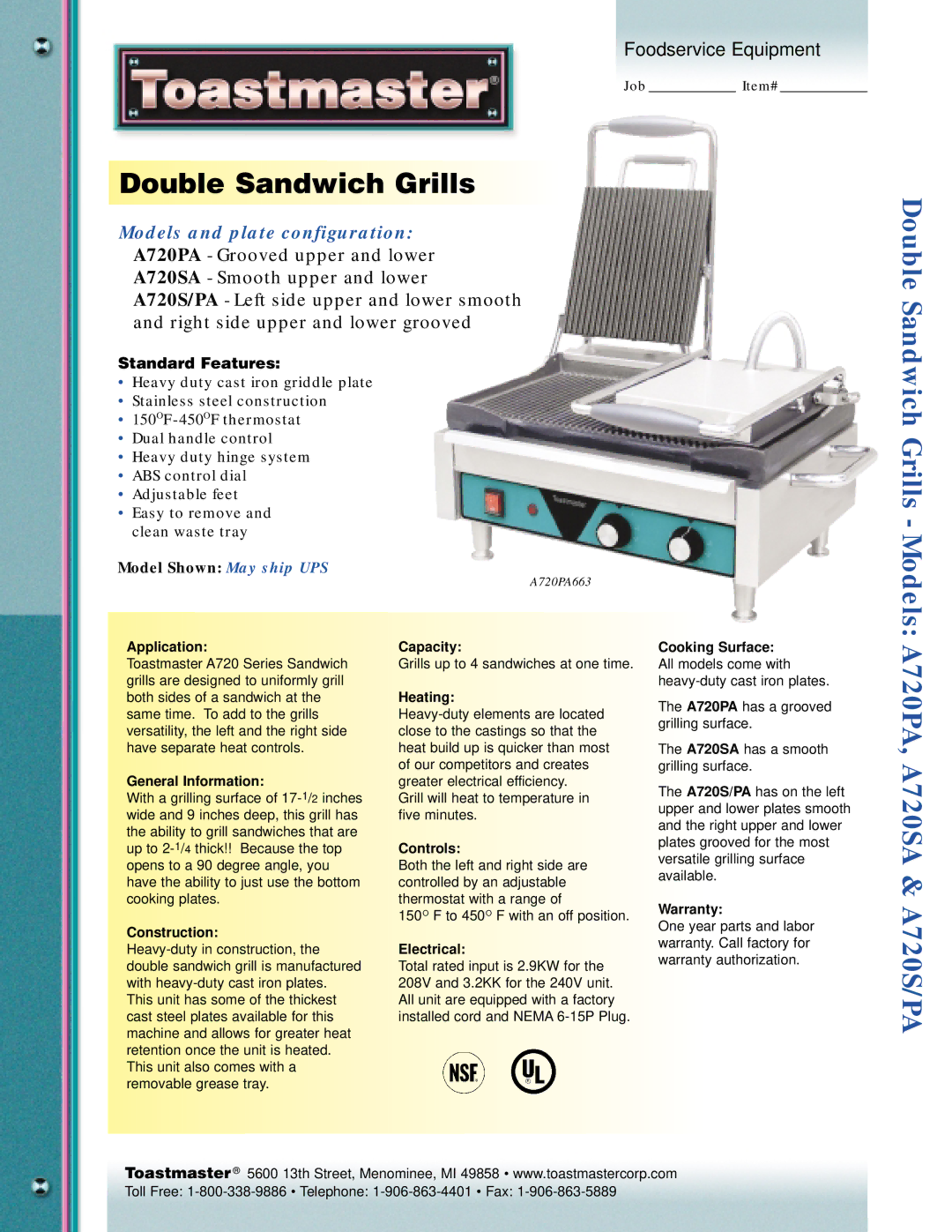 Toastmaster A720SA warranty Application, General Information, Construction, Capacity, Heating, Controls, Electrical 