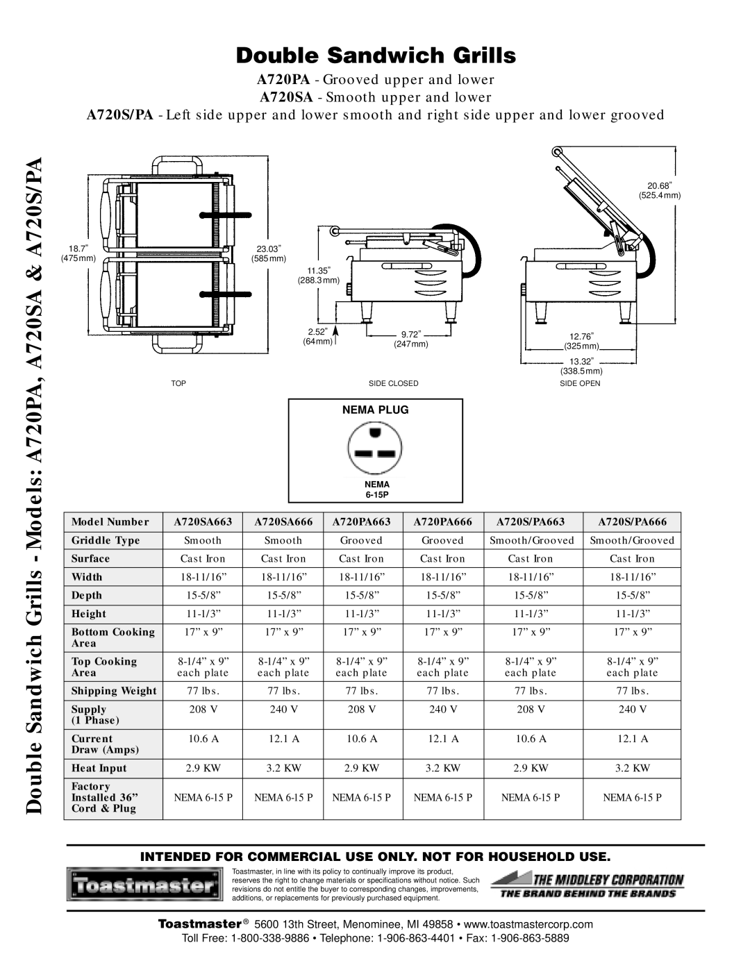 Toastmaster warranty Double Sandwich Grills Models A720PA, A720SA & A720S/PA 