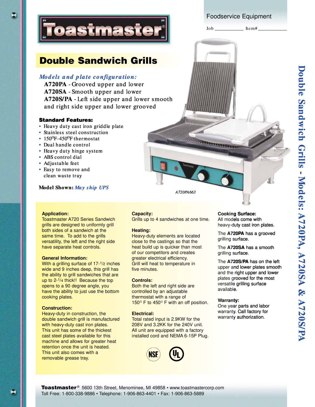 Toastmaster A720SA warranty DoubleSandwichGrills, Standard Features, Application, General Information, Construction 
