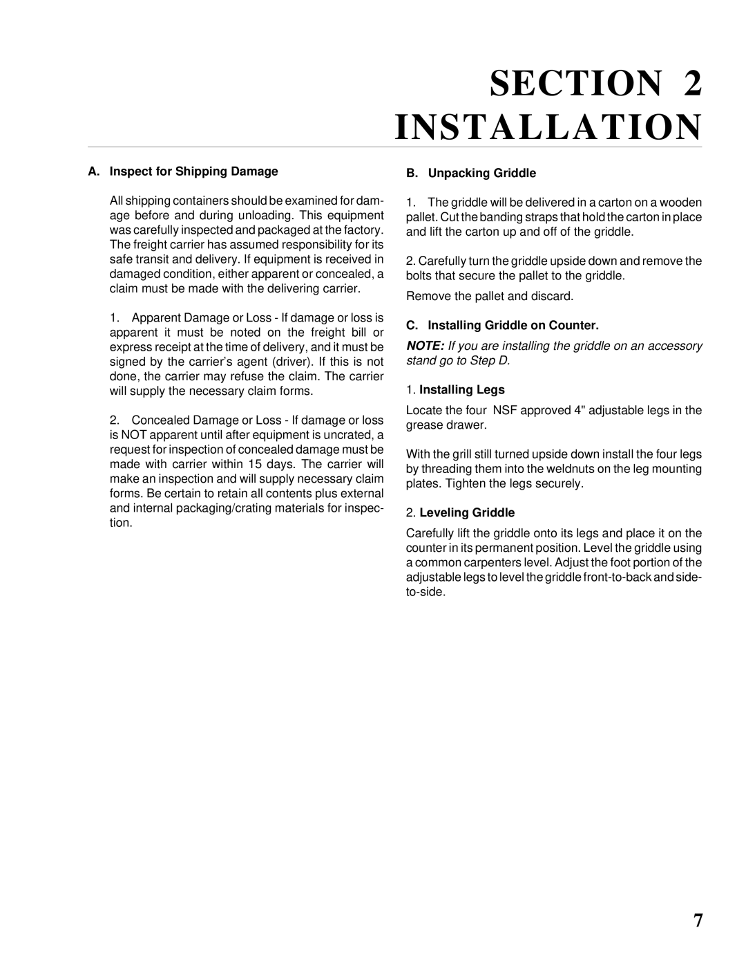 Toastmaster AM24, AM36, AM48 Inspect for Shipping Damage, Unpacking Griddle, Installing Griddle on Counter Installing Legs 