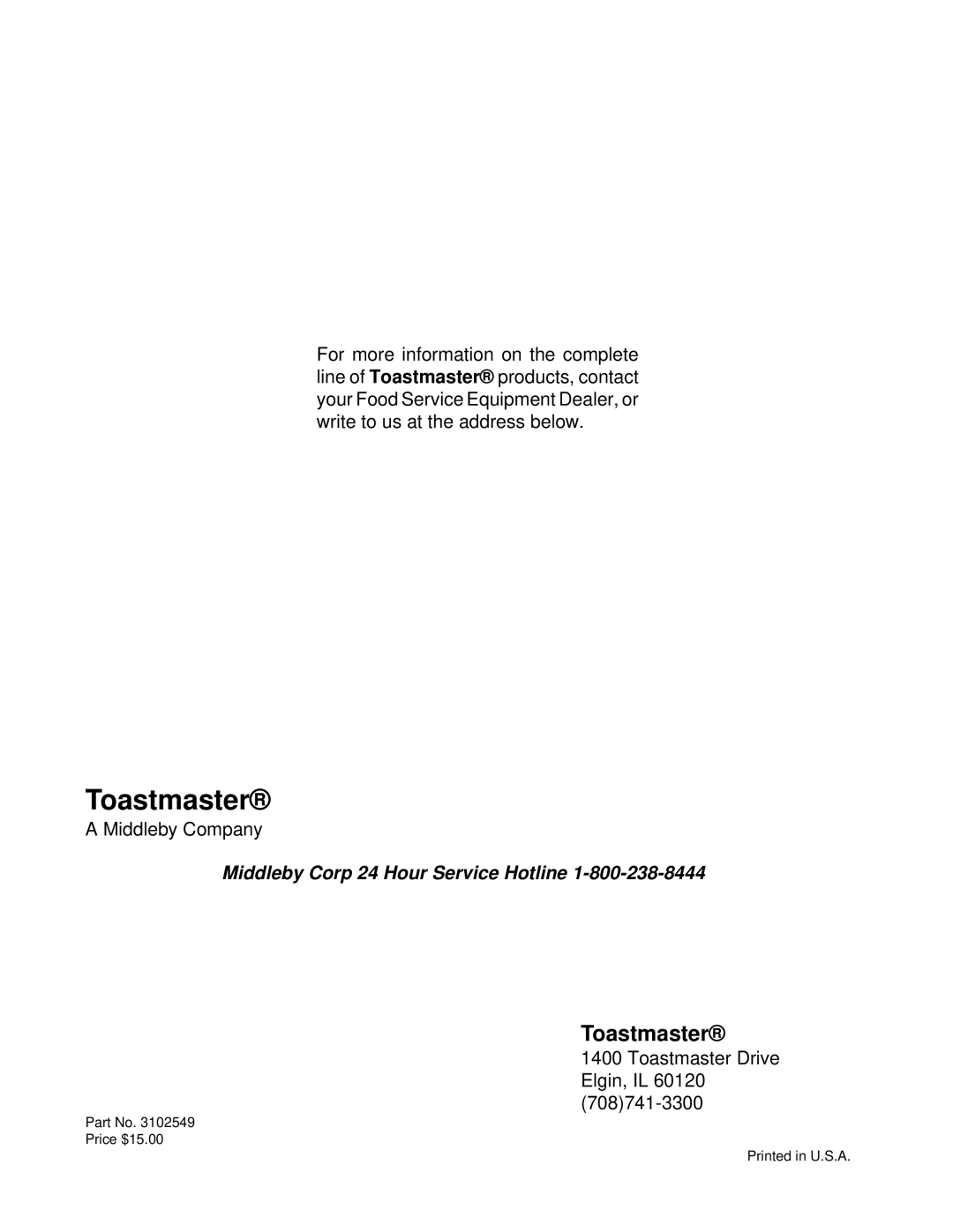 Toastmaster AM36 & AM48, AM24, AM36, AM48 installation manual Toastmaster 