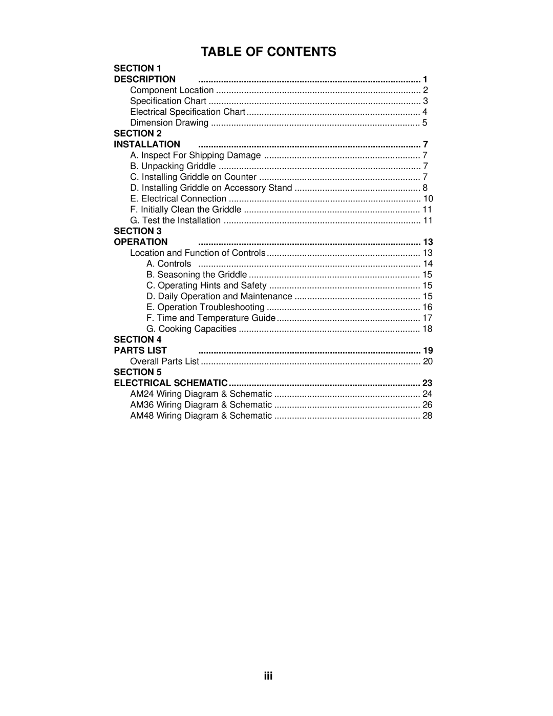 Toastmaster AM36 & AM48, AM24, AM36, AM48 installation manual Table of Contents 