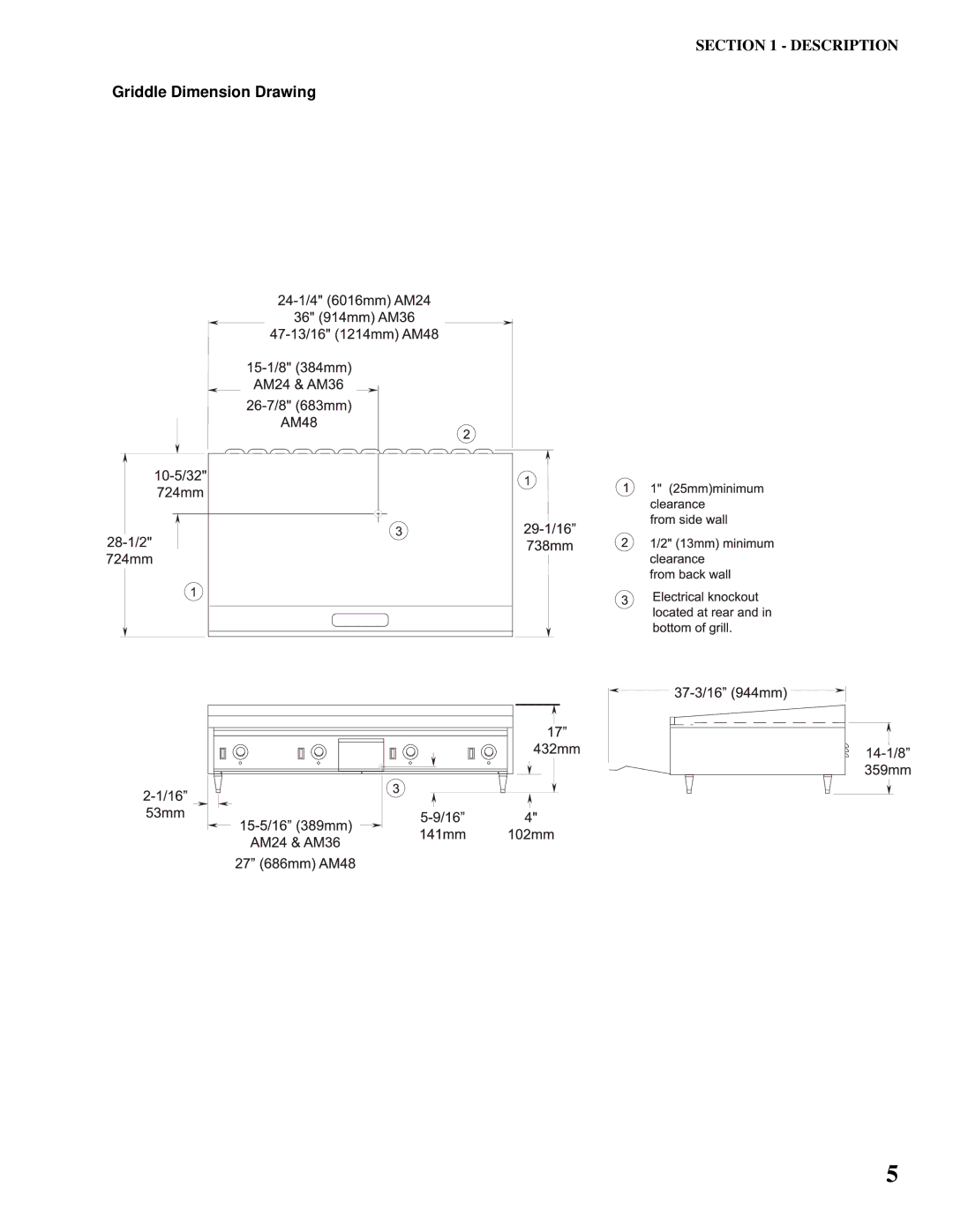 Toastmaster AM24, AM36, AM48, AM36 & AM48 installation manual Griddle Dimension Drawing 