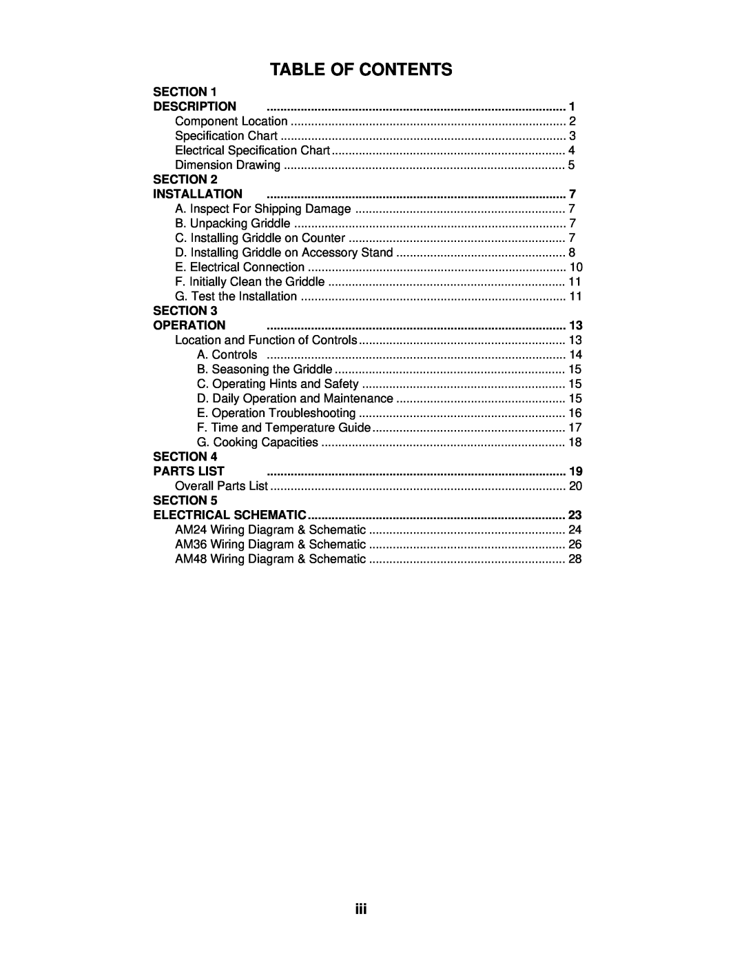 Toastmaster AM36 & AM48, AM24, AM36, AM48 Table Of Contents, Section, Description, Installation, Operation, Parts List 