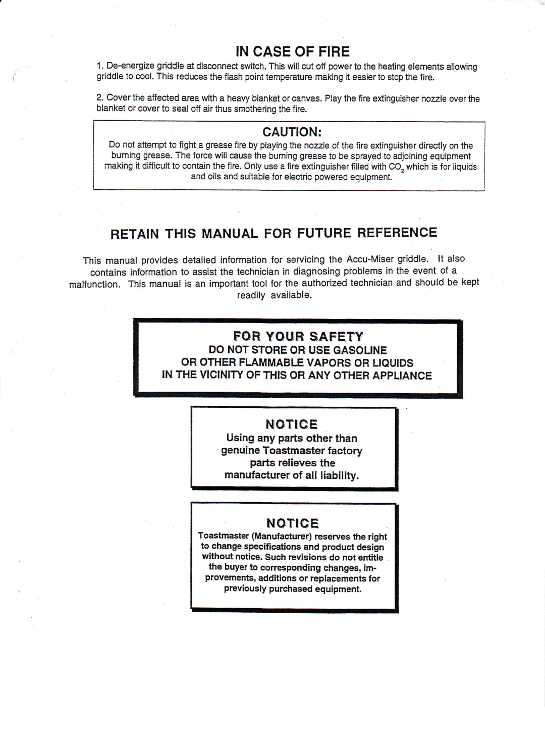 Toastmaster AM24, AM36, AM48 manual Incaseof Fire 