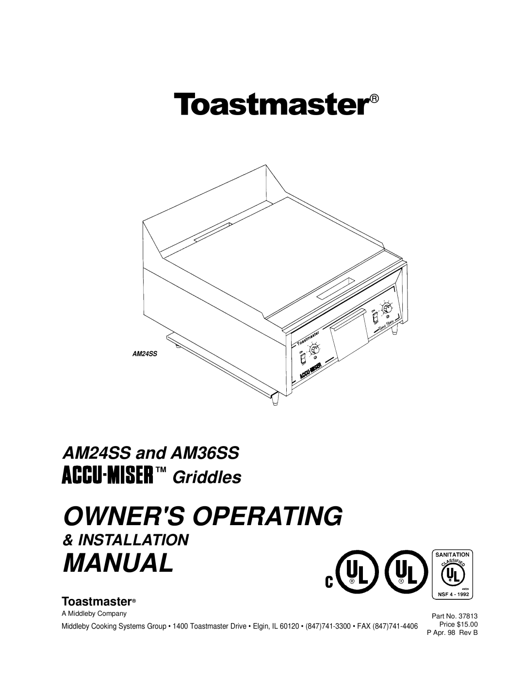 Toastmaster AM24SS, AM36SS installation manual Toastmaster 