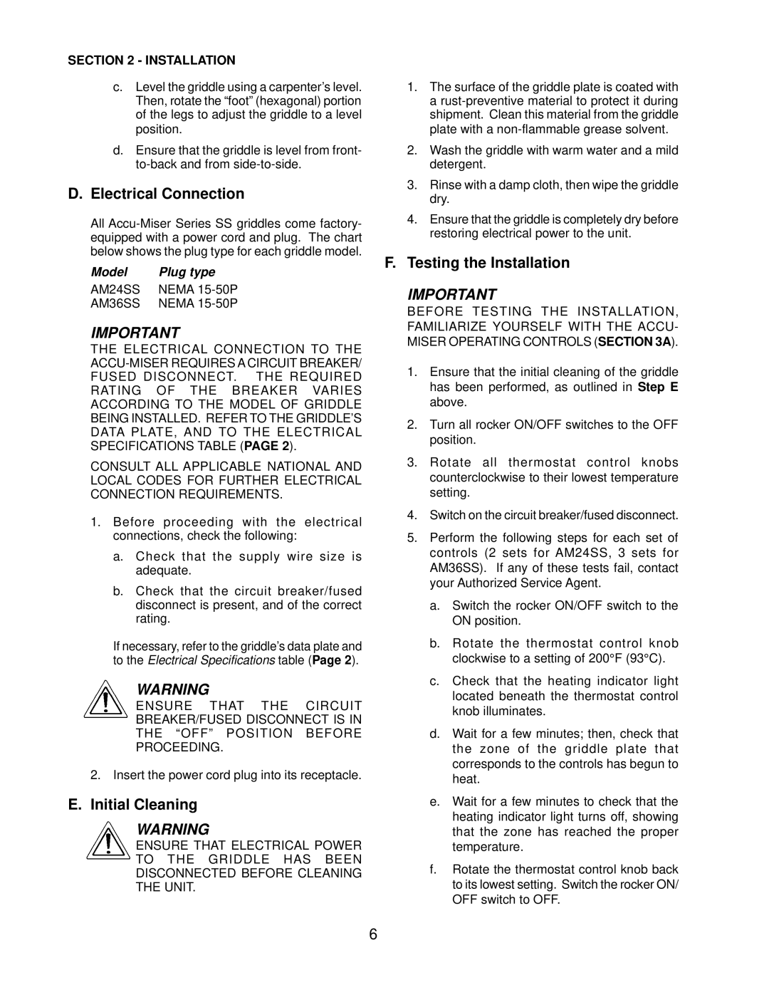 Toastmaster AM36SS, AM24SS installation manual Electrical Connection, Initial Cleaning, Testing the Installation 