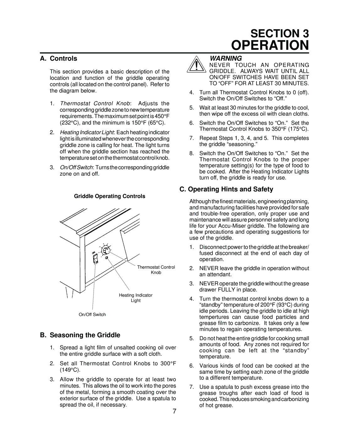 Toastmaster AM24SS, AM36SS installation manual Operation, Controls, Seasoning the Griddle, Operating Hints and Safety 