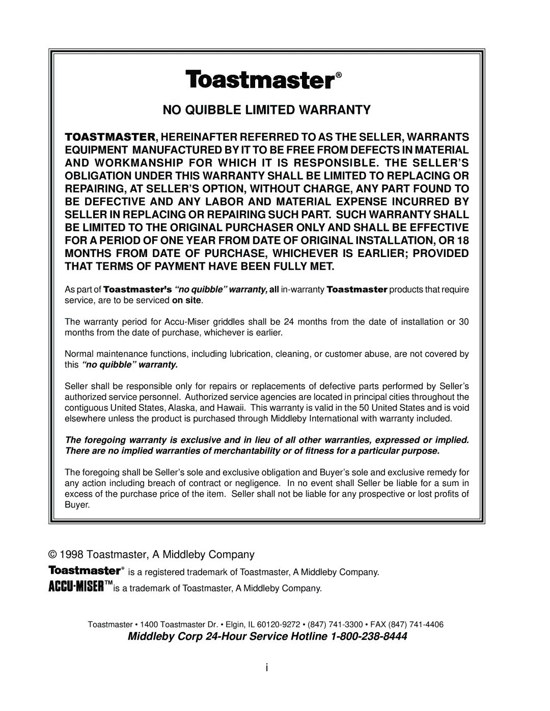 Toastmaster AM36SS, AM24SS installation manual No Quibble Limited Warranty 