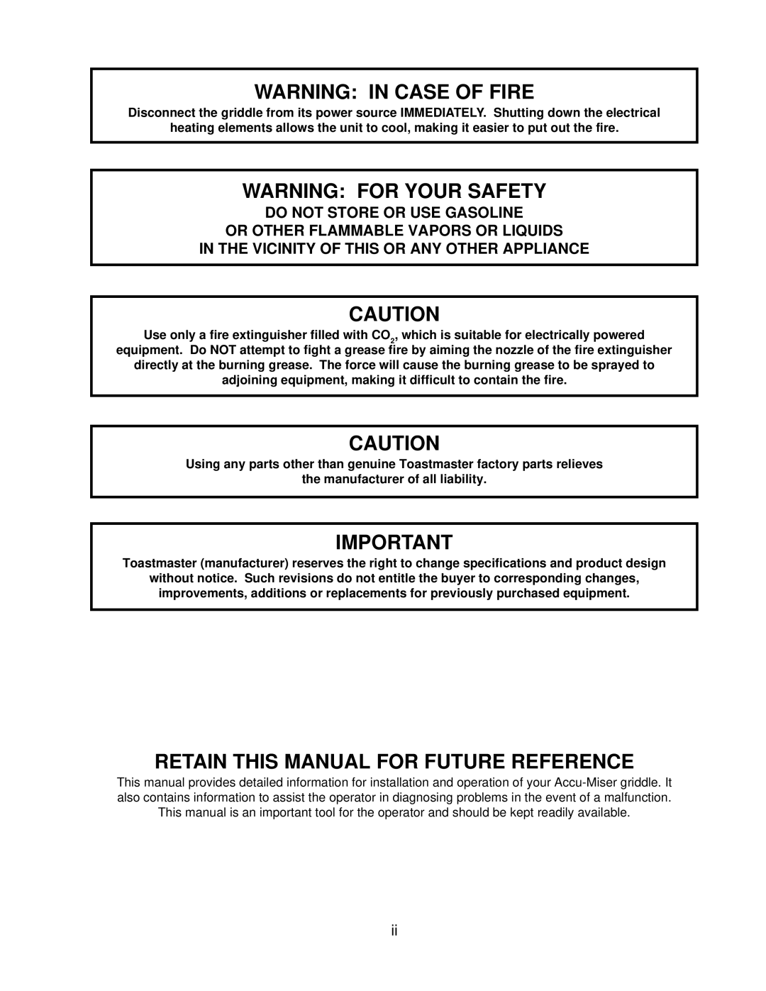 Toastmaster AM24SS, AM36SS installation manual Retain this Manual for Future Reference 