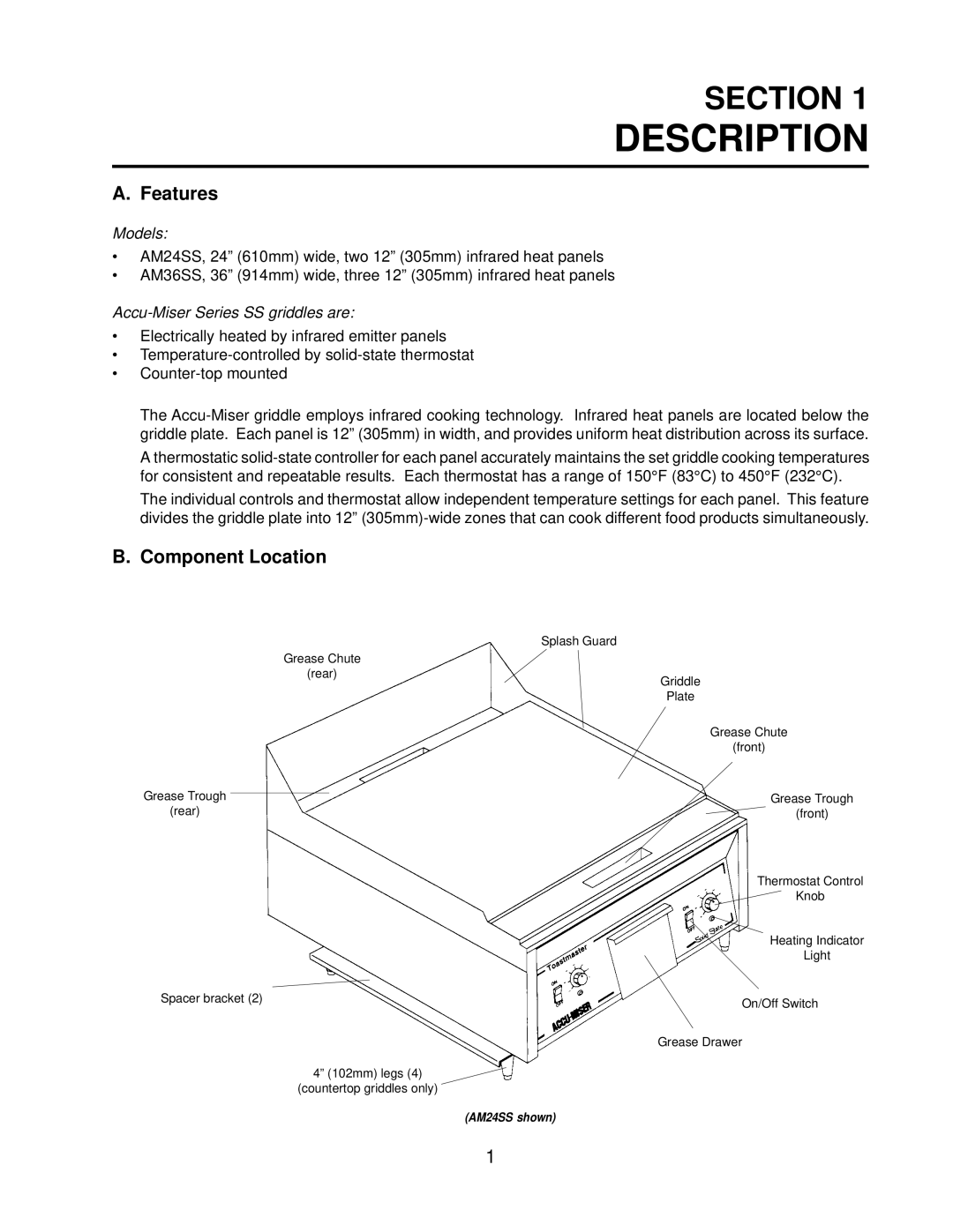 Toastmaster AM24SS, AM36SS installation manual Description, Features, Component Location 