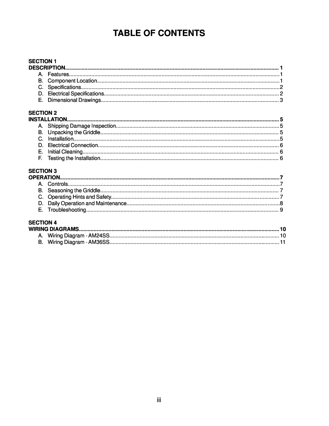 Toastmaster AM36SS, AM24SS installation manual Table Of Contents, Description, Installation, Operation, Wiring Diagrams 