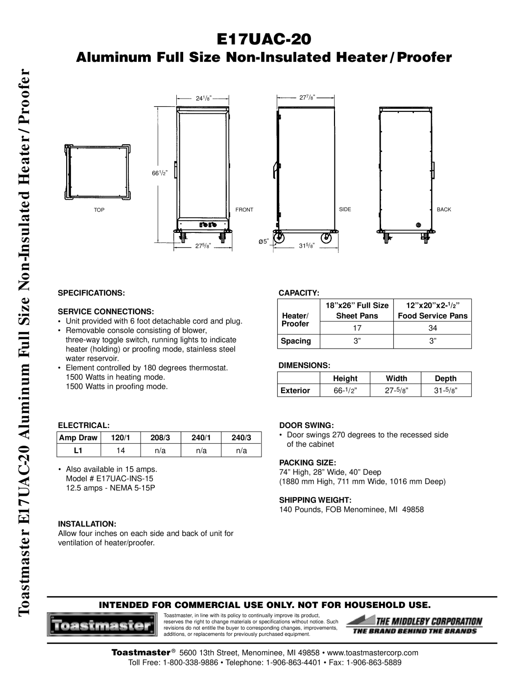 Toastmaster E17UAC-20 manual Specifications Service Connections, Electrical, Installation, Capacity, Dimensions, Door Swing 