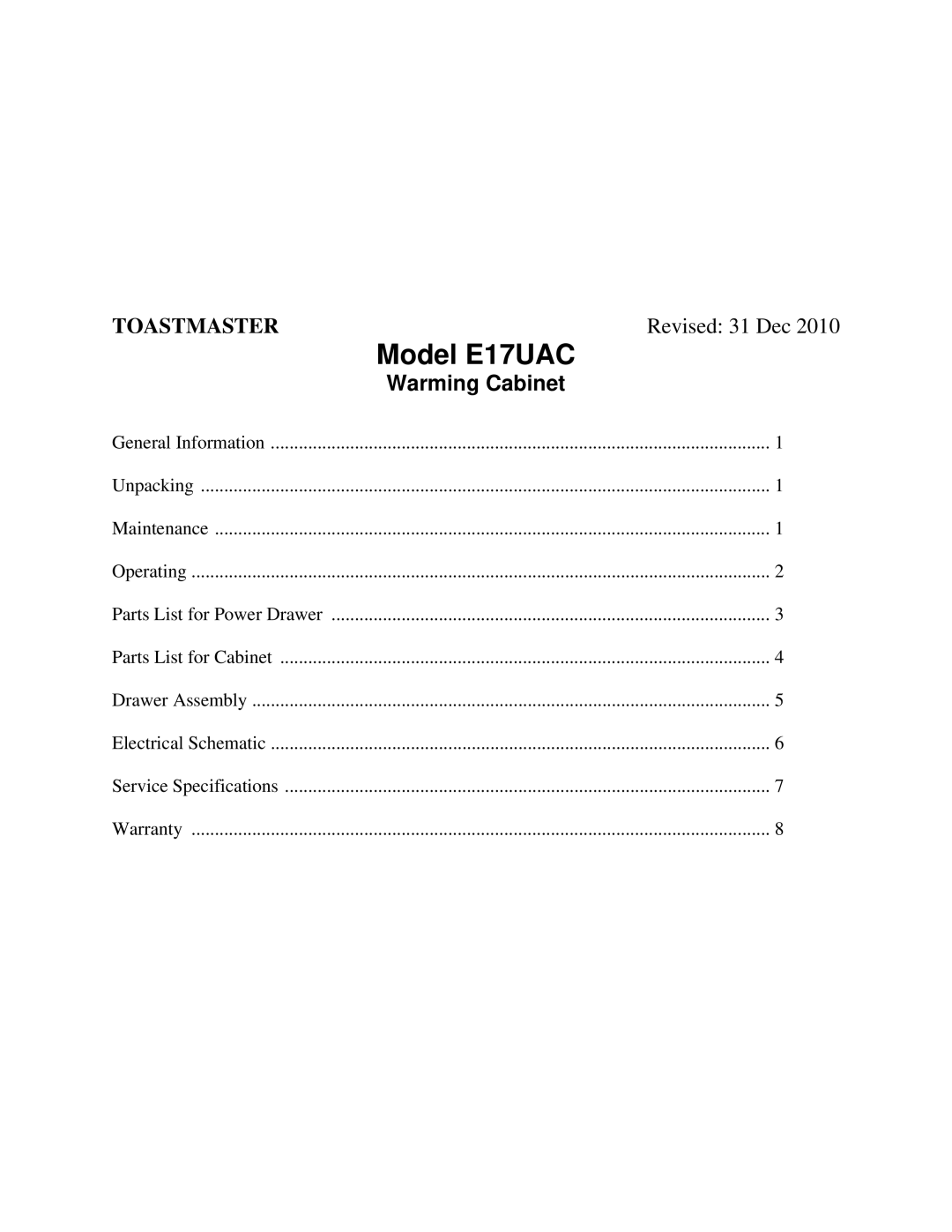 Toastmaster E6UAC-INS, E17UAC-INS manual Model E17UAC 