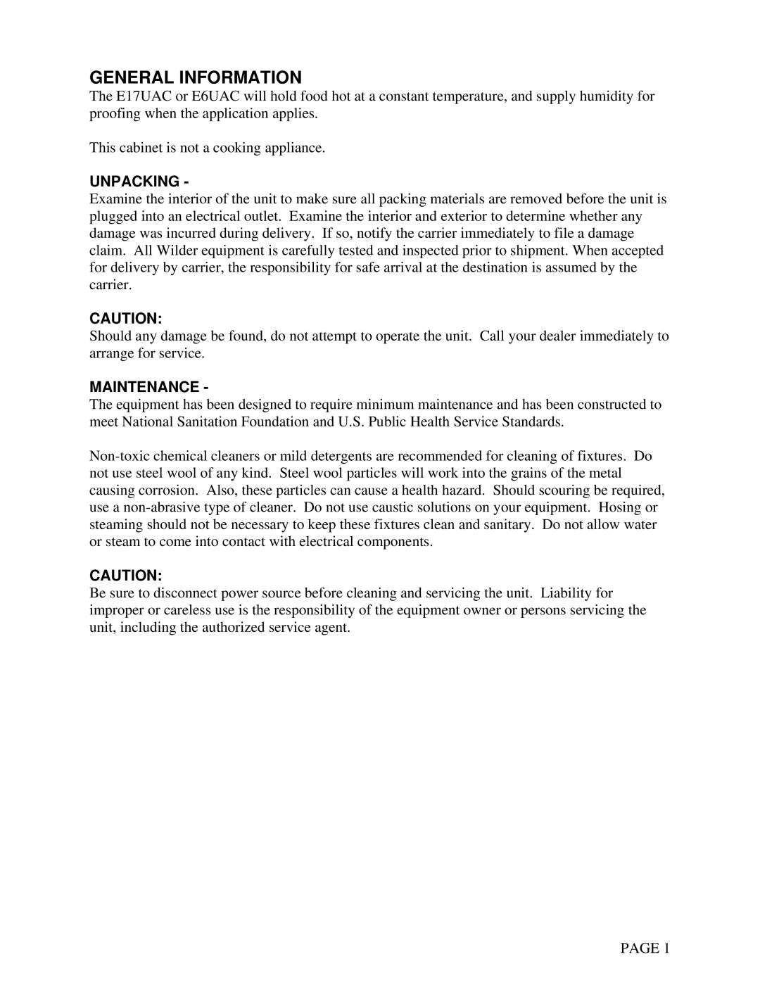 Toastmaster E17UAC-INS, E6UAC-INS manual General Information, Unpacking 