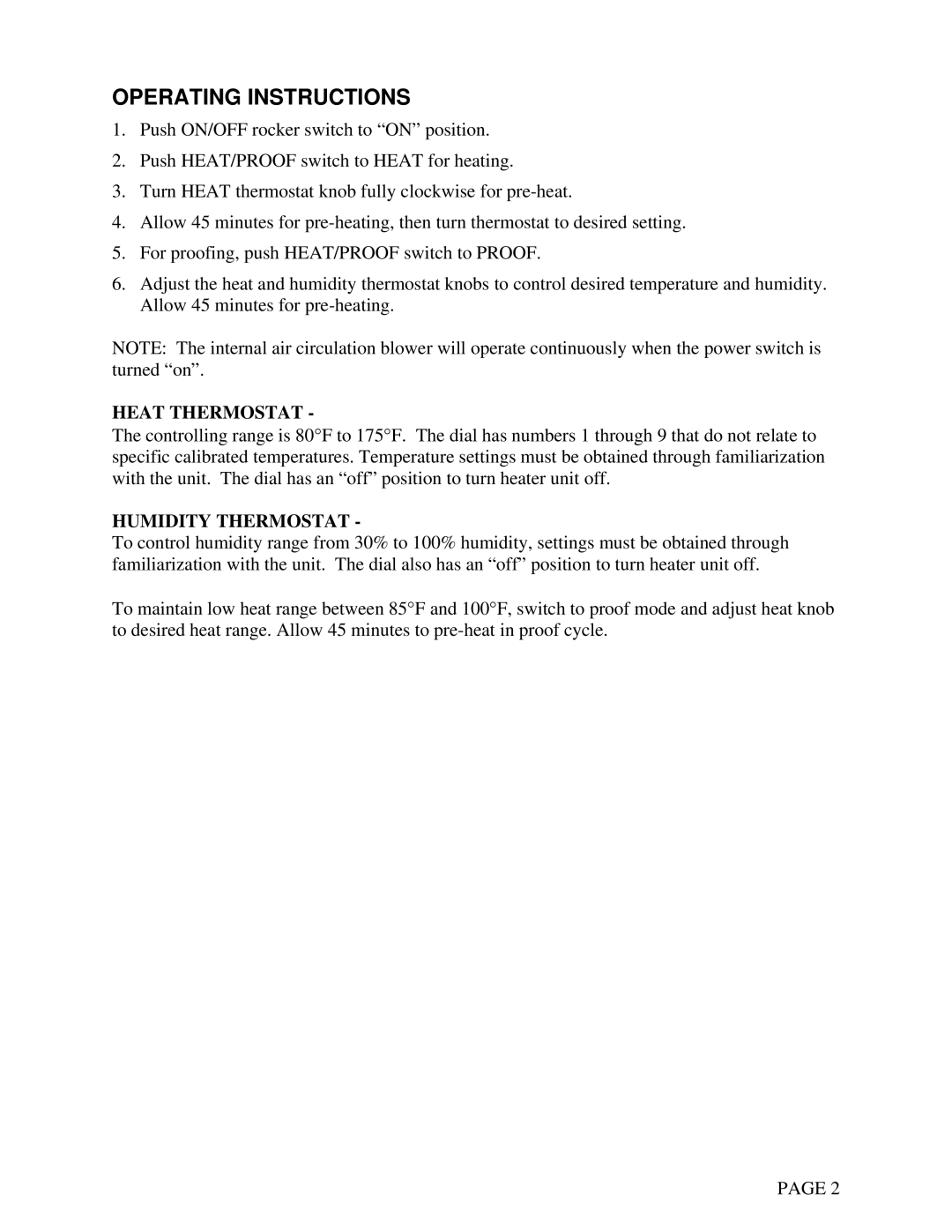 Toastmaster E6UAC-INS, E17UAC-INS manual Operating Instructions, Heat Thermostat, Humidity Thermostat 