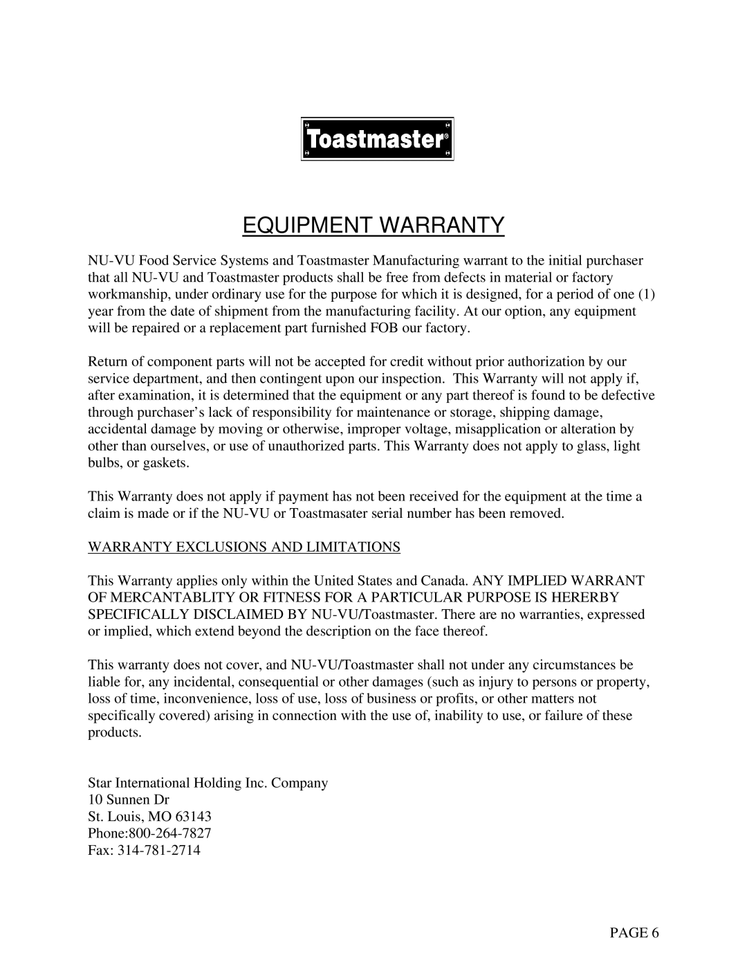 Toastmaster E6UAC-INS, E17UAC-INS manual Equipment Warranty, Warranty Exclusions and Limitations 