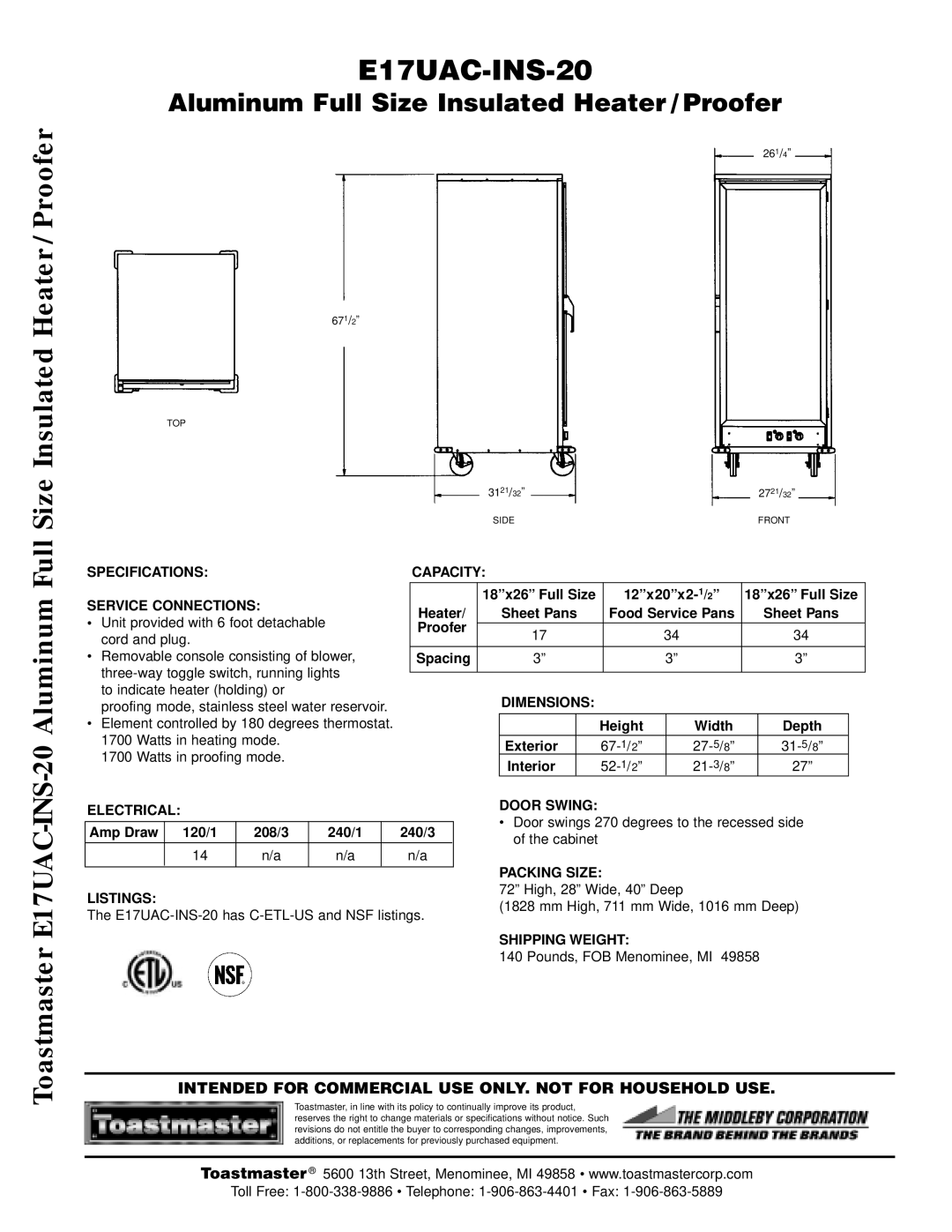 Toastmaster E17UAC-INS-20 manual Specifications Service Connections, Capacity, Dimensions, Electrical, Listings, Door Swing 