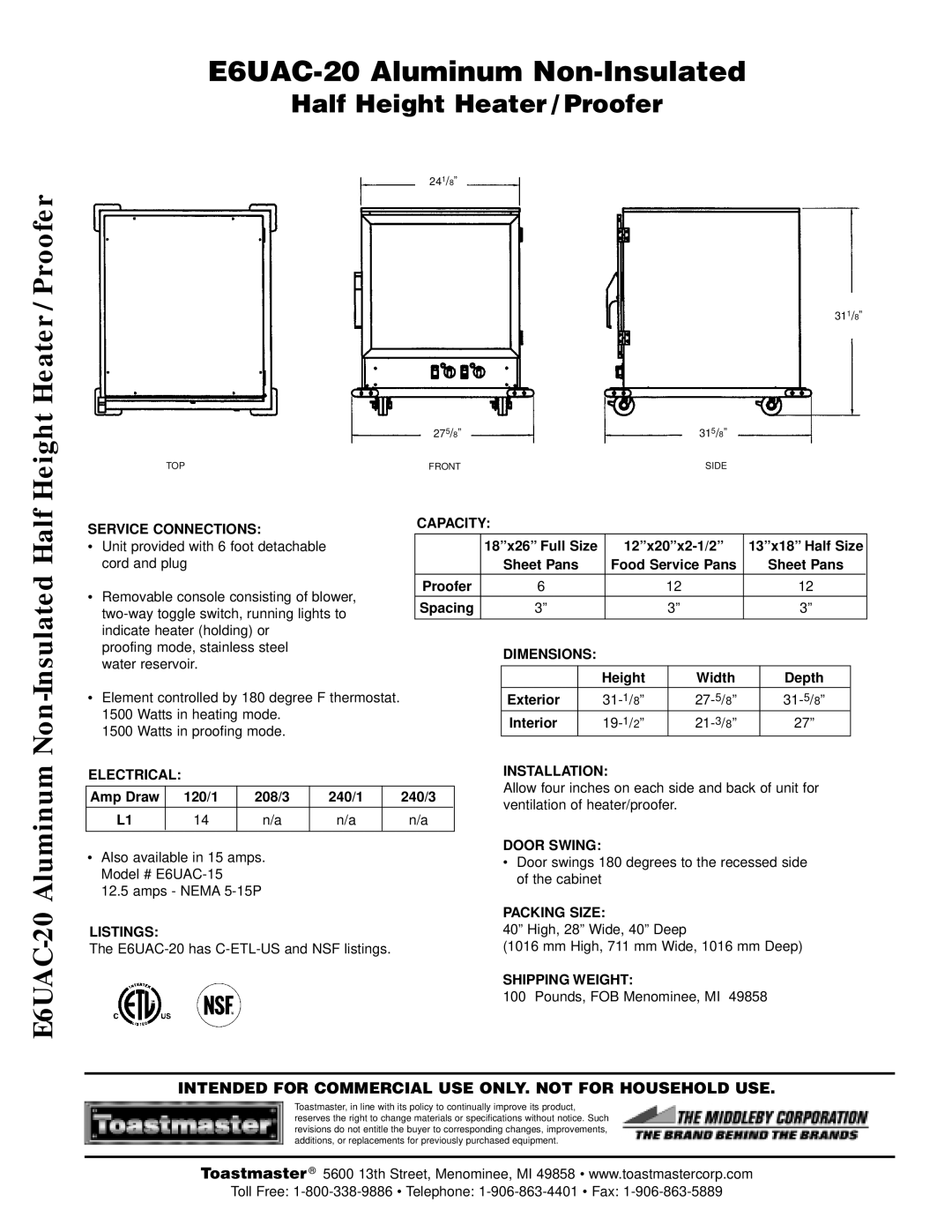Toastmaster manual Height Heater / Proofer, E6UAC-20 Aluminum Non-Insulated, Non-Insulated Half 