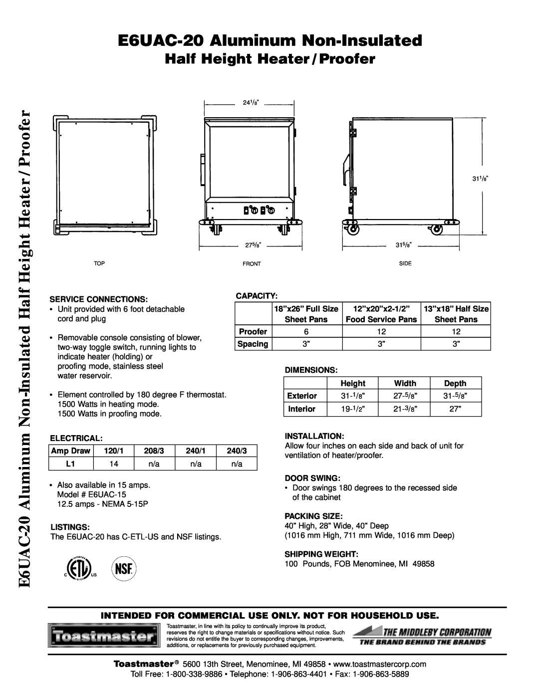 Toastmaster manual E6UAC-20Aluminum Non-Insulated, Non-InsulatedHalf, Half Height Heater / Proofer 