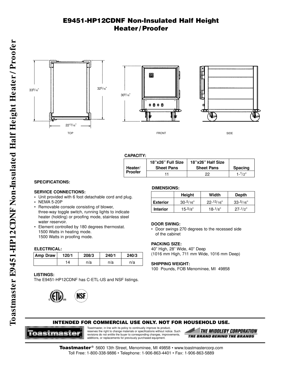 Toastmaster E9451-HP12CDNF Capacity, Specifications Service Connections Dimensions, Door Swing, Packing Size Electrical 