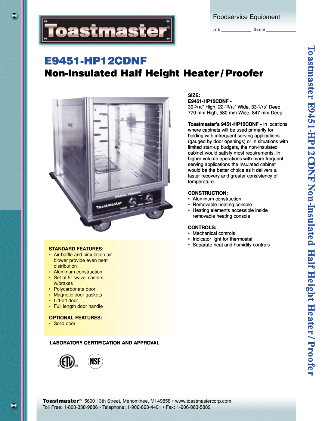 Toastmaster E9451-HP12CDNF manual Non-InsulatedHalf Height Heater / Proofer, Toastmaster, Foodservice Equipment 