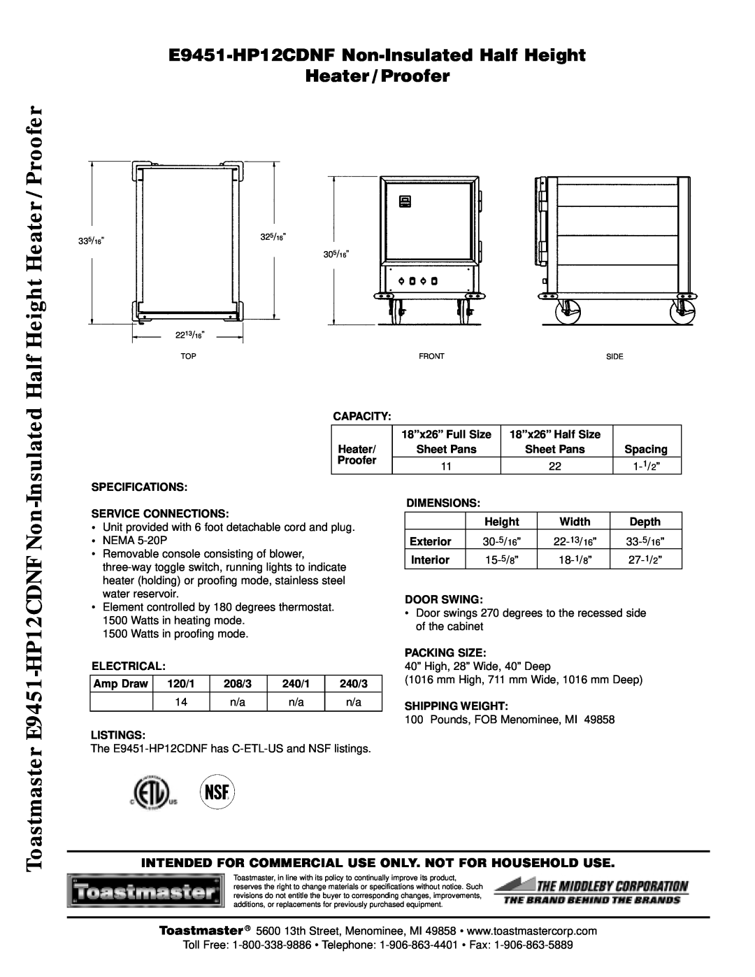 Toastmaster manual E9451-HP12CDNF Non-InsulatedHalf Height, Heater / Proofer 