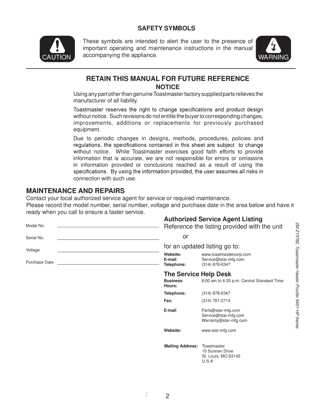 Toastmaster E9451-HP34, E9451-HP12 9451-HP34 manual Safety Symbols, Service Help Desk 