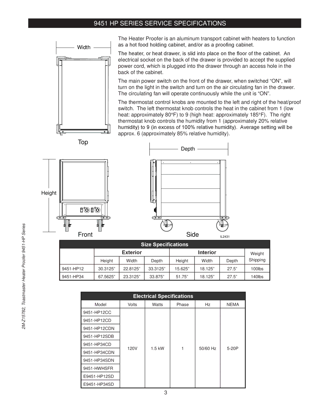 Toastmaster E9451-HP34, E9451-HP12 9451-HP34 manual HP Series Service Specifications 