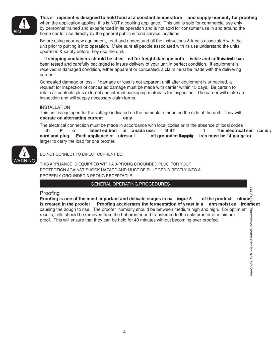 Toastmaster E9451-HP12 9451-HP34, E9451-HP34 manual Installation, Proofing 