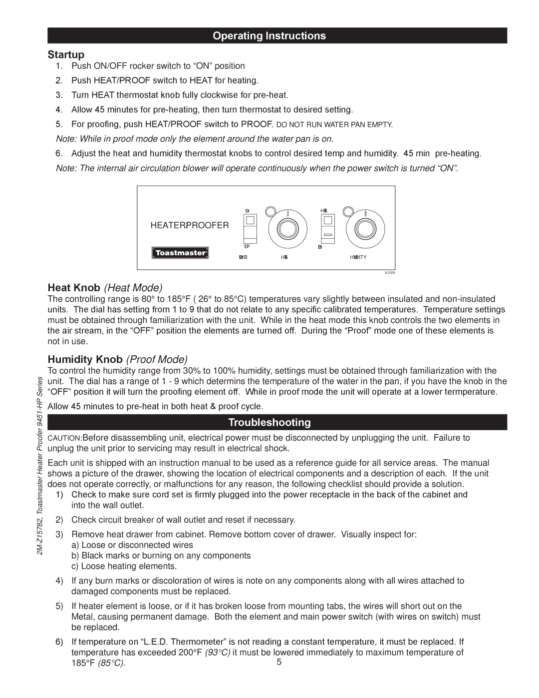 Toastmaster E9451-HP34, E9451-HP12 9451-HP34 manual Startup, Humidity Knob Proof Mode 