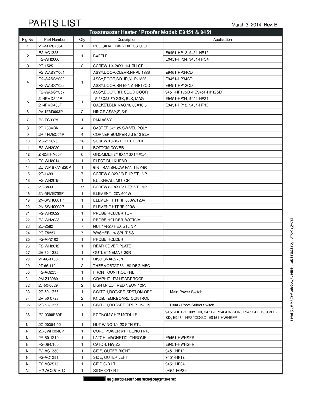 Toastmaster E9451-HP34, E9451-HP12 9451-HP34 manual Parts List 