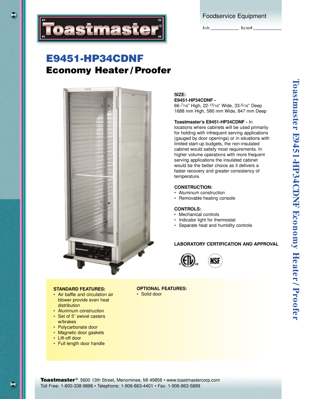 Toastmaster E9451-HP34CDNF manual Standard Features, Size, Construction, Controls 