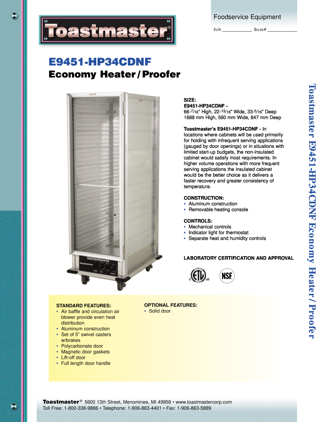 Toastmaster E9451-HP34CDNF manual Economy Heater / Proofer, Foodservice Equipment 